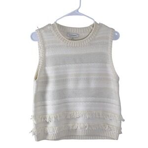 Club Monaco Womens Ivory Striped Fringe Knit Sweater Vest Large Sleeveless Cream